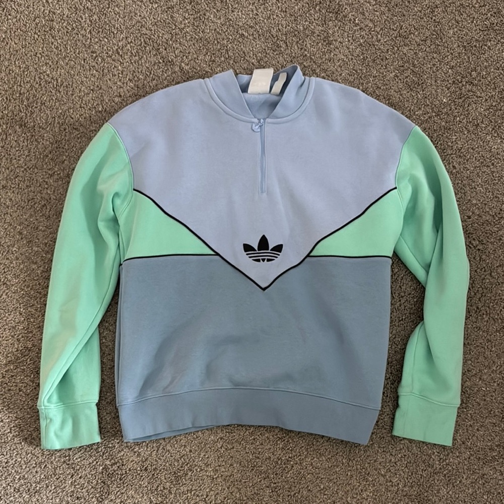Adidas Originals Blue and Green Zip Up Sweater with Color-Blocking